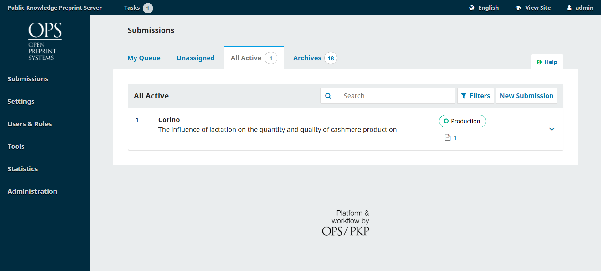 The OPS submission dashboard as Preprint Manager.