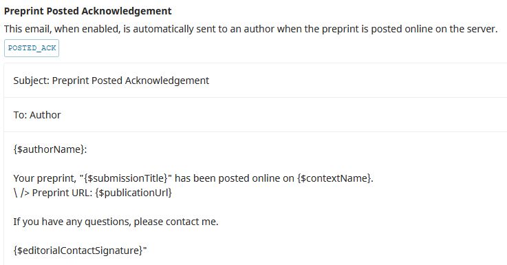 The Preprint Posted Acknowledgement email template screen.