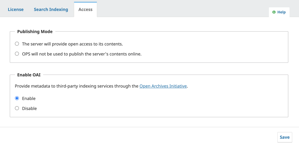 The OAI settings located under the Access tab in OPS.
