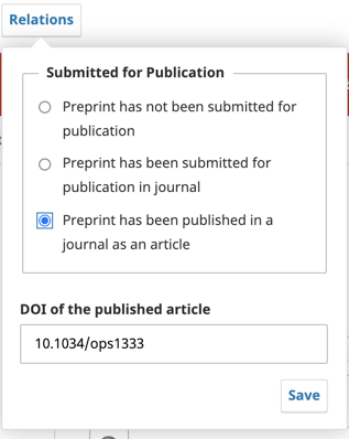 The DOI entry field that appears when the "Preprint has been published in a journal" relation is selected.