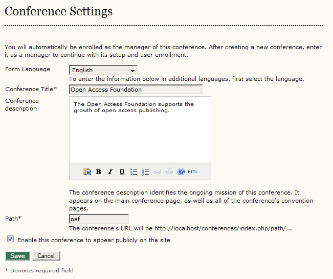 Conference Settings page with options to add form language, conference title, description and path.