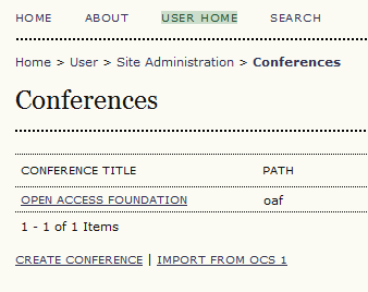 Highlighted User Home tab leading to the Conferences page.