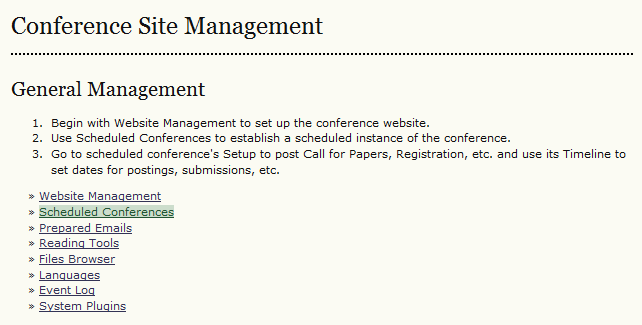 Conference Site Management page with Scheduled Conferences option highlighted.