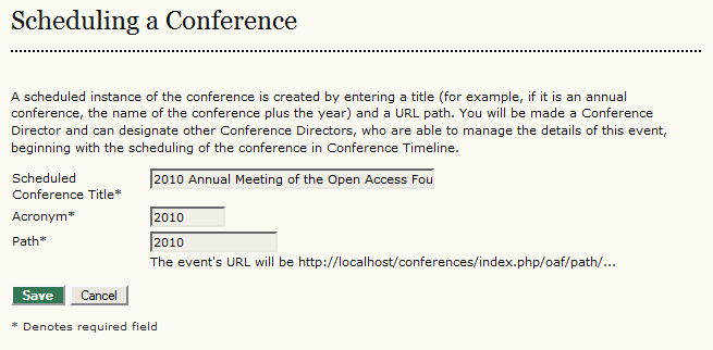 Scheduling a Conference page with fields to add conference title, acronym and path.