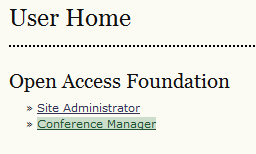 User Home page with Conference Manager role highlighted.