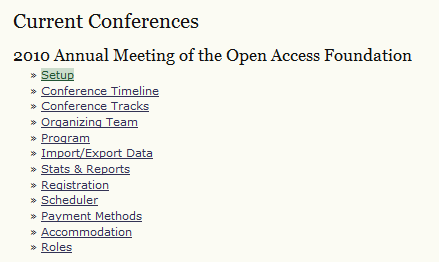 List of current conferences with Setup option highlighted.
