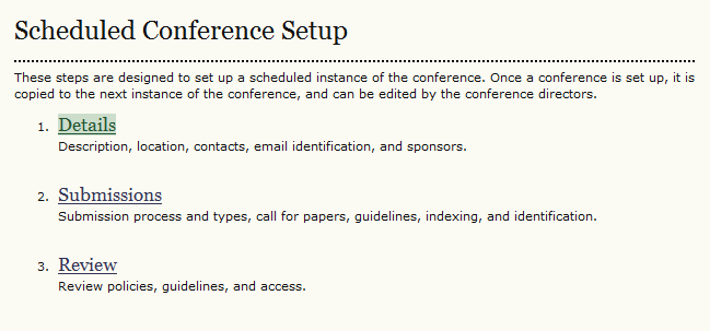 Scheduled Conferences Setup page with 1.Details option highlighted.