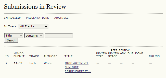 Submissions in Review menu with In Review tab selected.