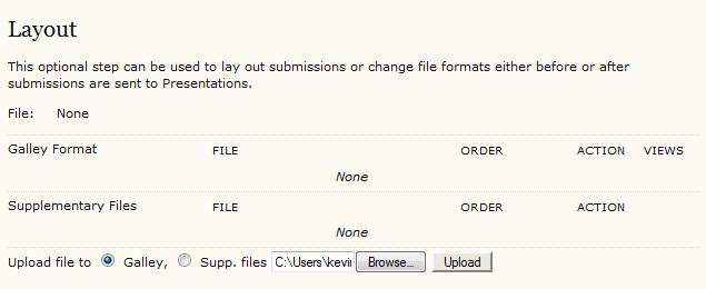 Layout section with an option to upload a galley file or supplementary file.
