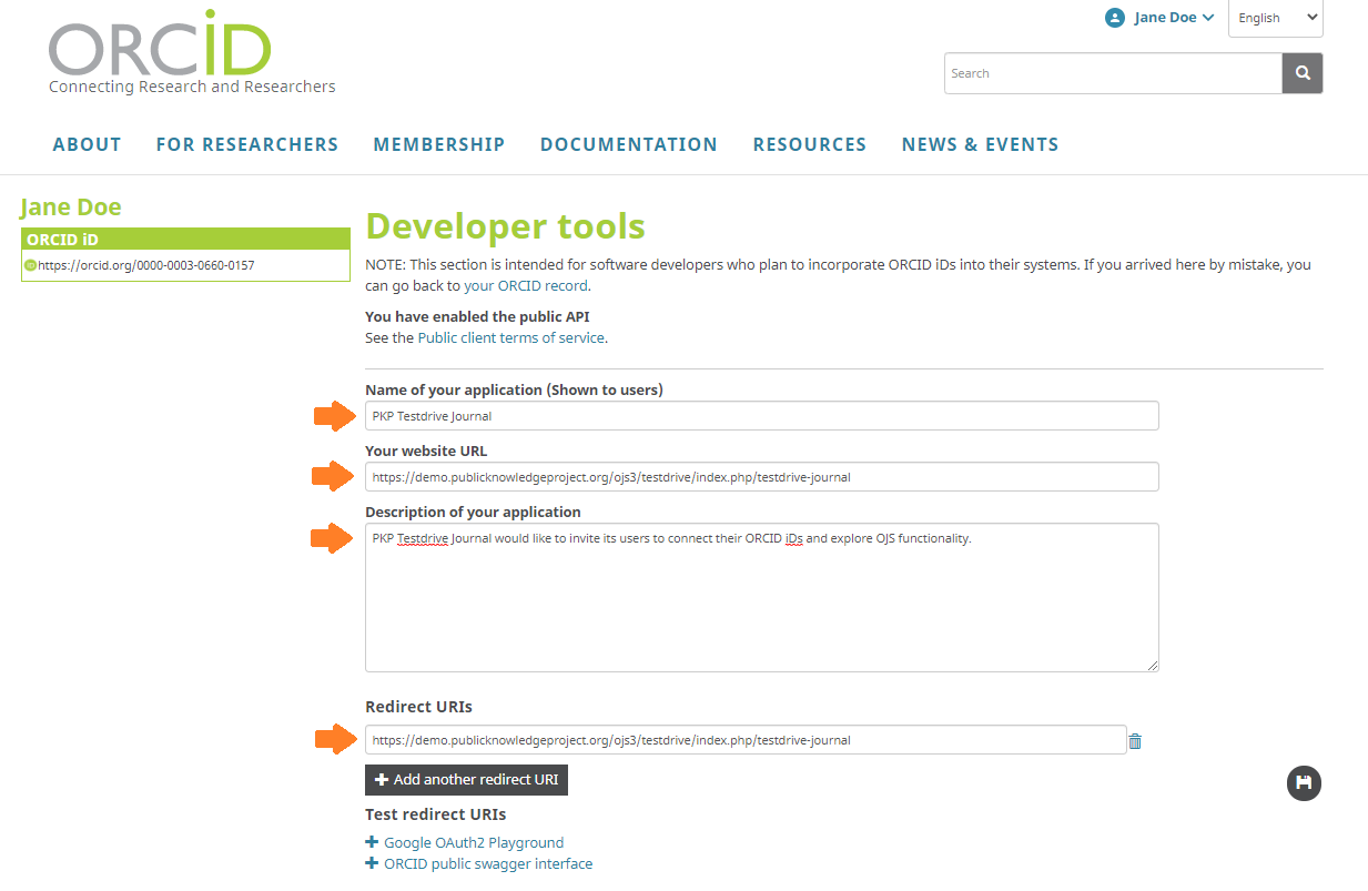 ORCID Developer Tools public API request form.