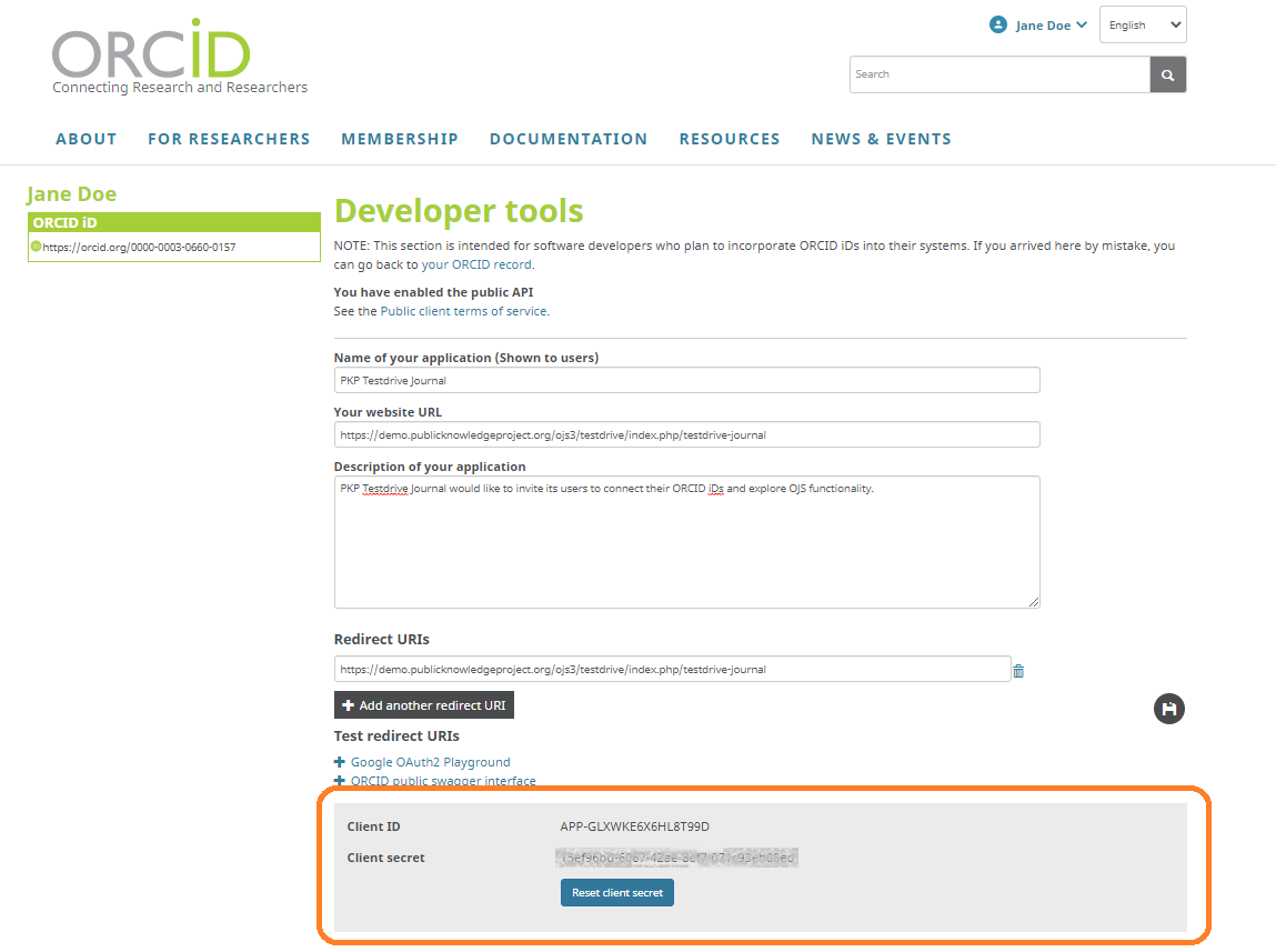 ORCID Developer Tools public API request form with Client ID and Secret displayed.
