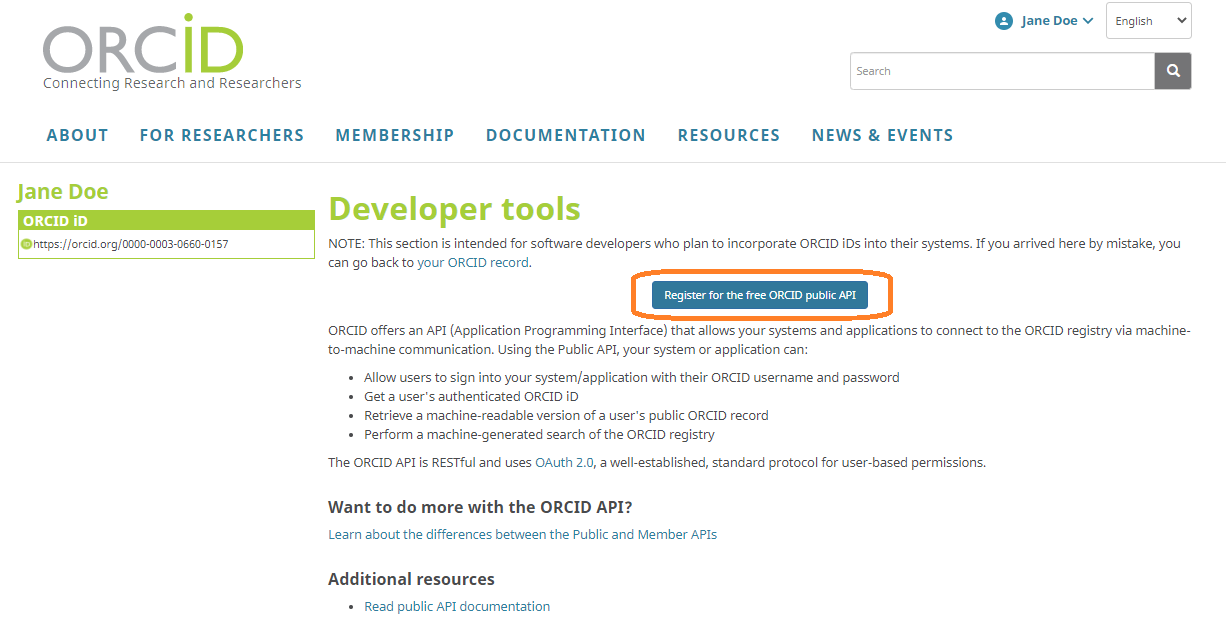 ORCID Developer Tools page with the highlighted button Register for the free ORCID public API.