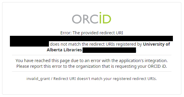 ORCID error message related to application integration.