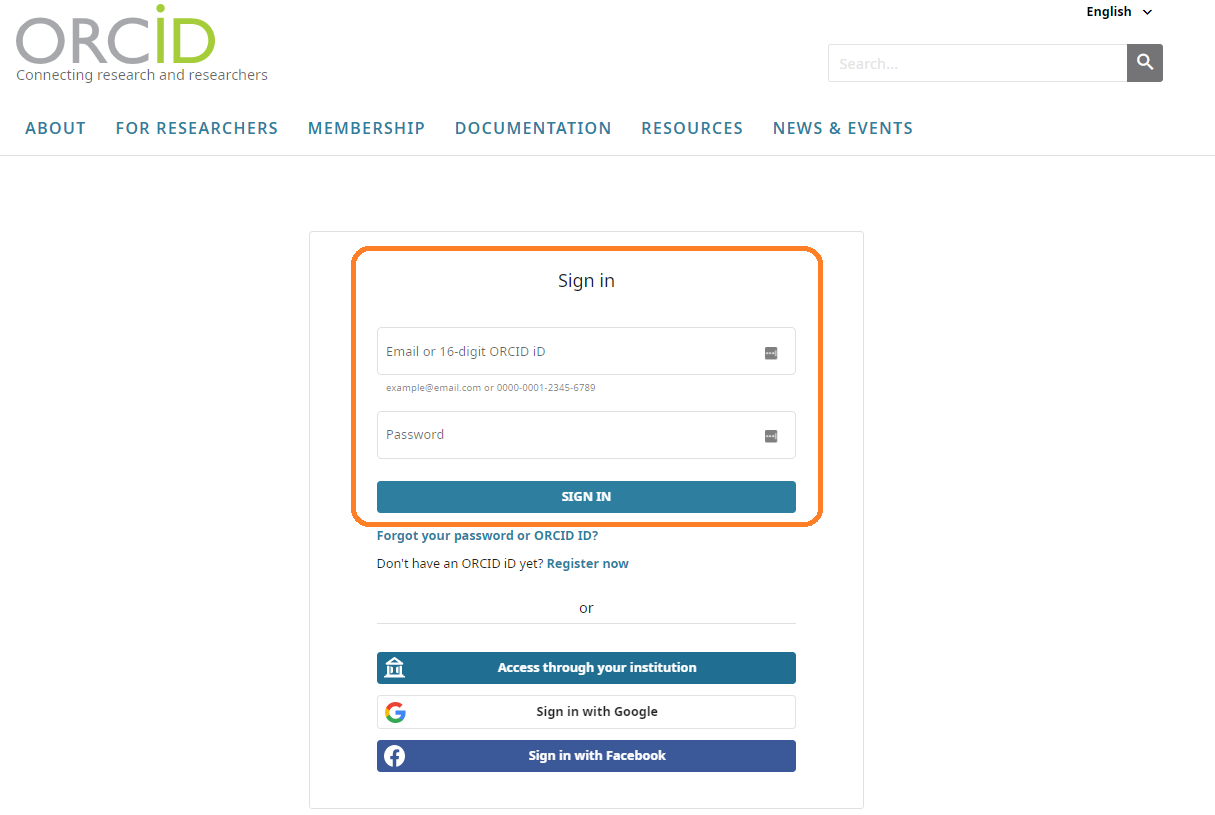 ORCID sign in page with email or ORCID iD and password fields emphasized.