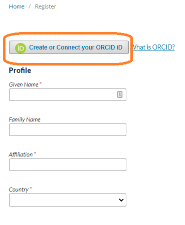 Clique em Criar ou Conectar seu botão iD ORCID durante o registro de uma nova conta.