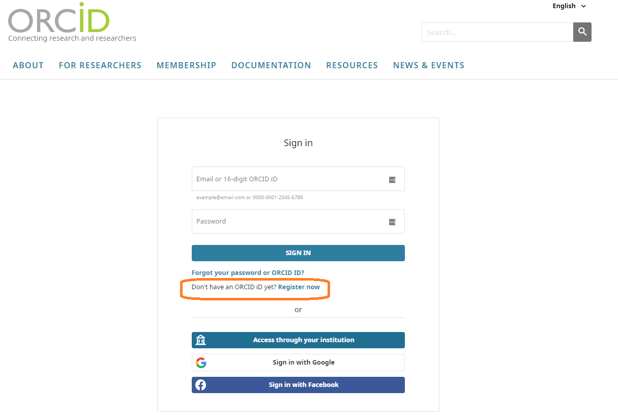 O ORCID entra na página com ênfase na opção de registo.