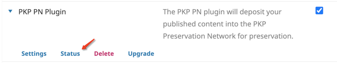 The PKP PN Plugin menu expanded on the Plugin Gallery screen, with an arrow pointing to the Status link