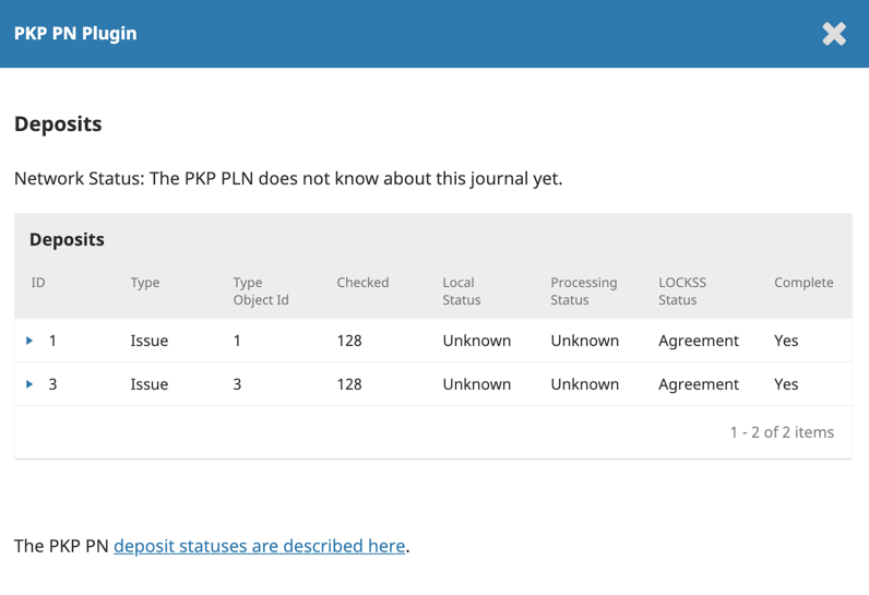 Image demonstrating the plugin status screen showing the The PKP PLN does not know about this journal yet. error