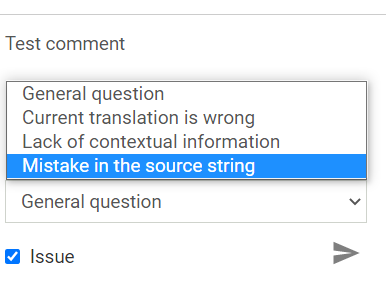 Dropdown of issue types for comments flagged as an issue in Crowdin.