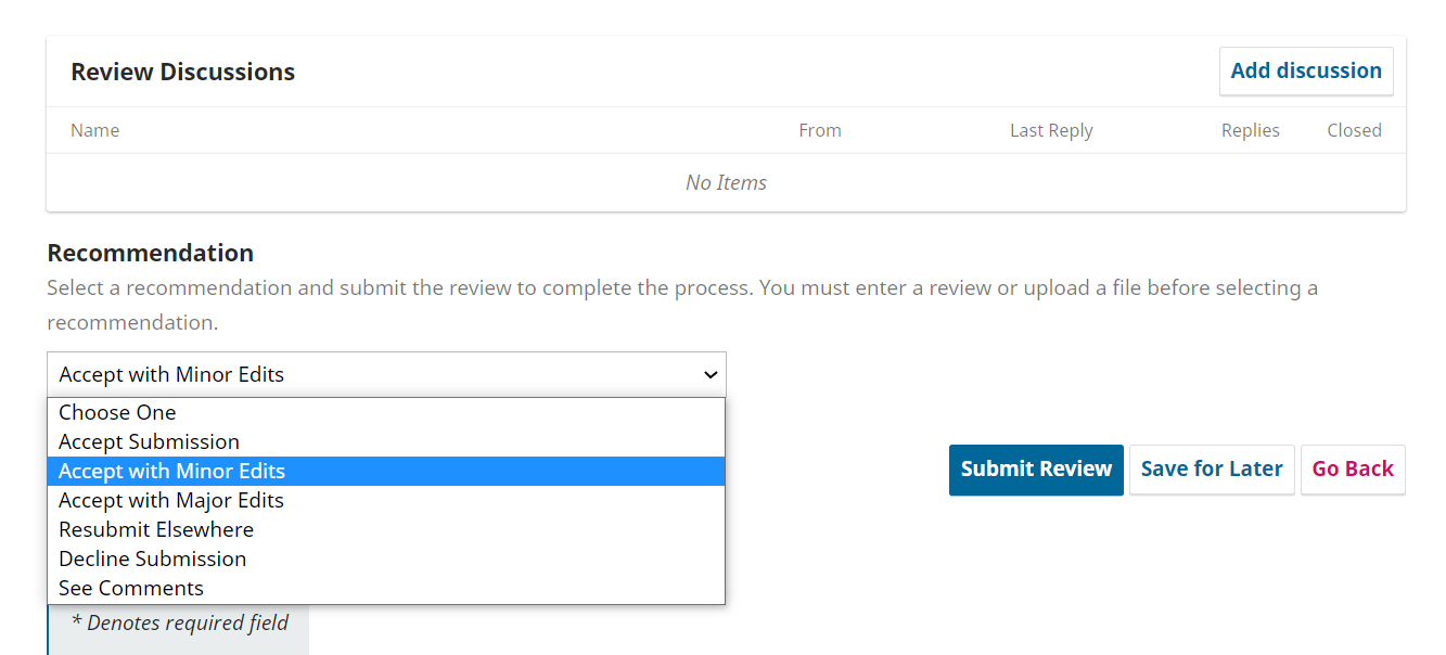 Review submission form, showing the custom reviewer recommendation options.