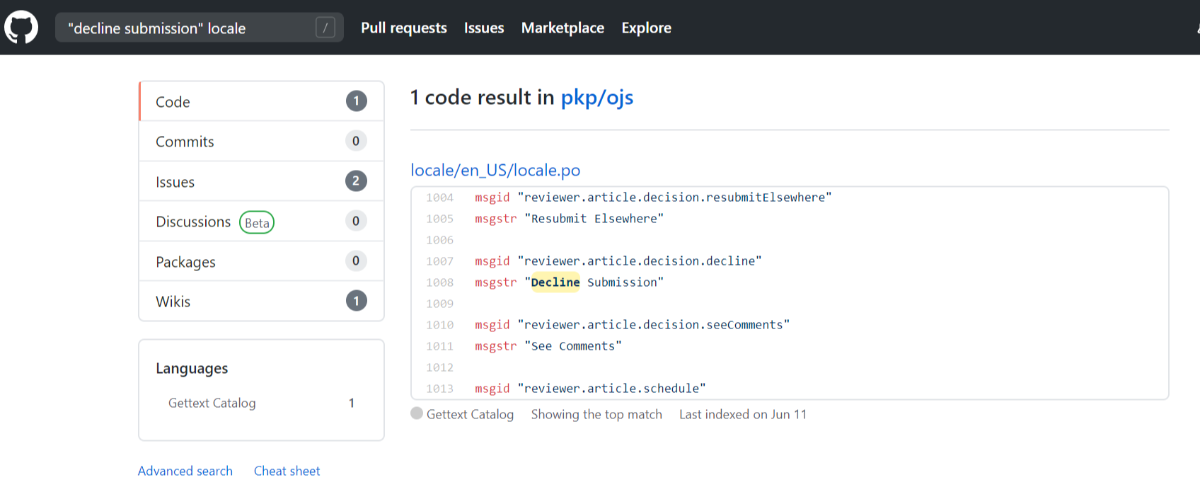 Search results in GitHub repository, refined by Code.