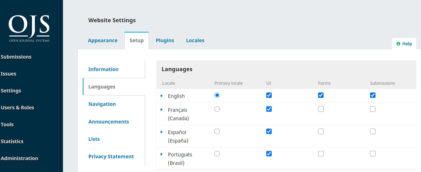 Page under Website Settings where you can configure the Language settings.