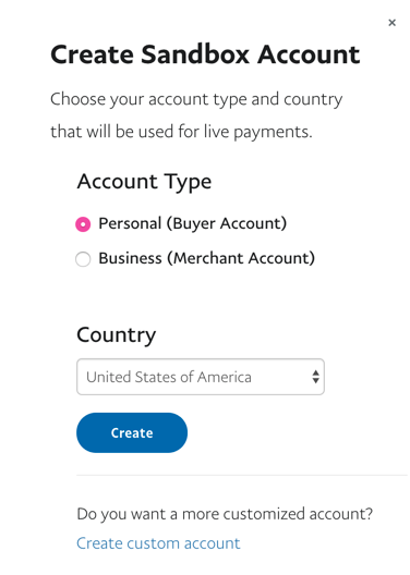 The "Create Sandbox Account" settings screen from PayPal.