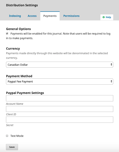 The Payments tab under Distribution Settings in OJS, with "Paypal Fee Payment" selected under payment method.