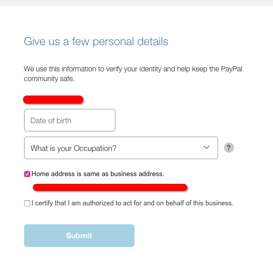 The personal details fields from the PayPal business account registration process.