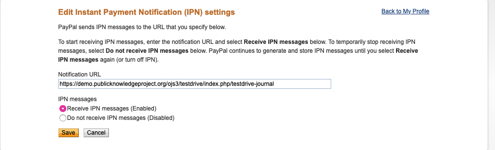 The "Edit Instant Payment Notification Settings" screen from PayPal, with a sample journal URL pasted into the URL field.